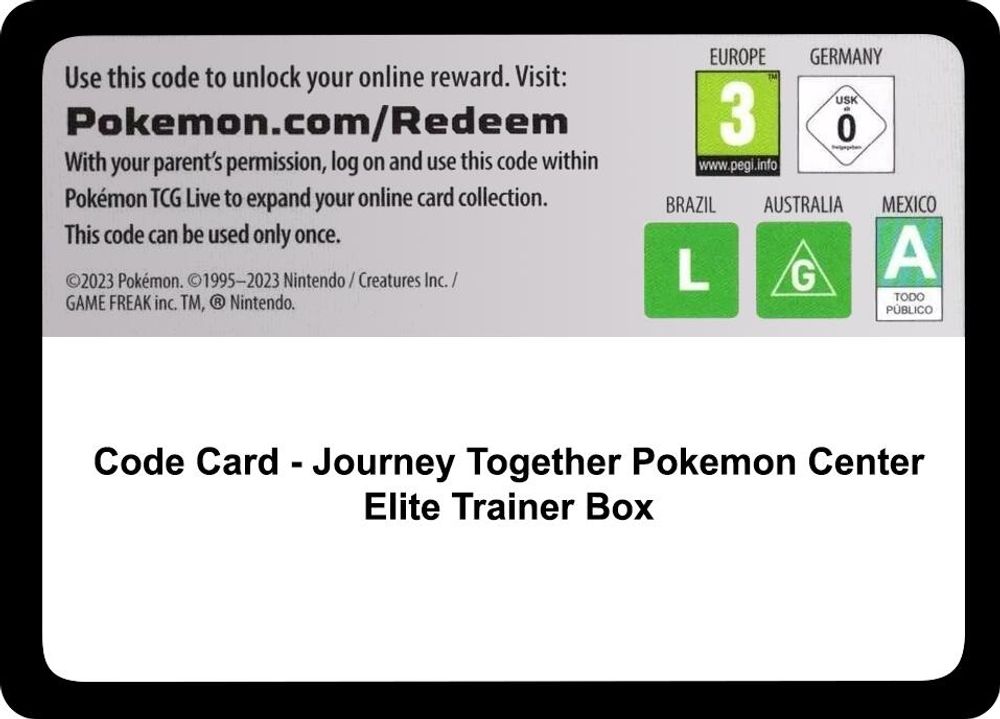 Code Card - Journey Together Pokemon Center Elite Trainer Box