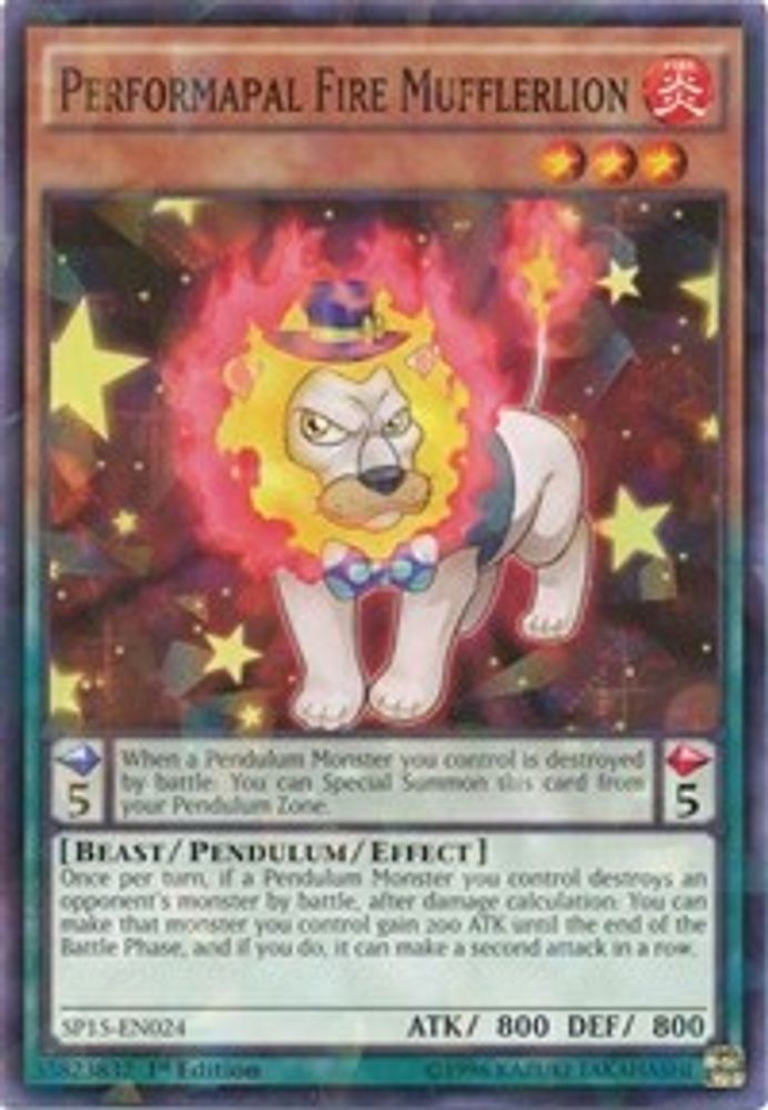 Performapal Fire Mufflerlion (Shatterfoil), 1st-edition, front